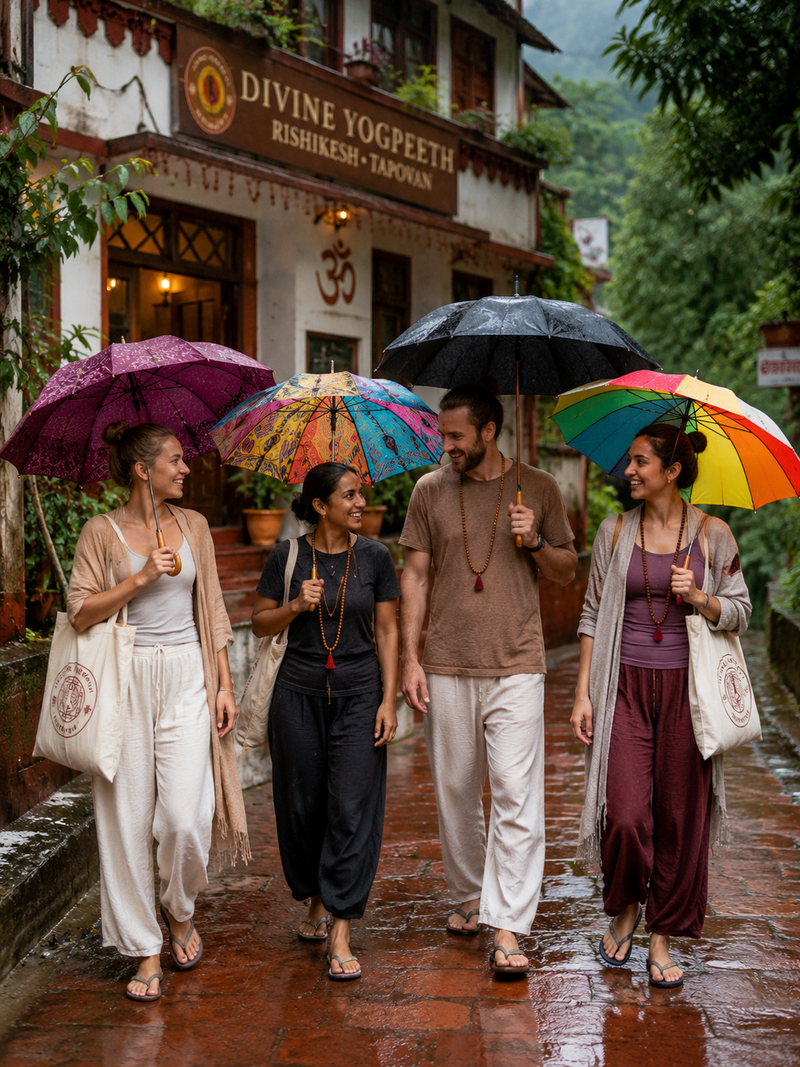 Happy students walking in the rain during a yoga rishikesh monsoon season retreat