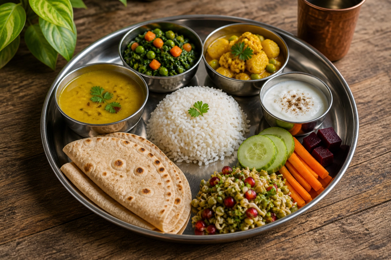 Fresh vegetarian sattvic food served at a Rishikesh yoga retreat