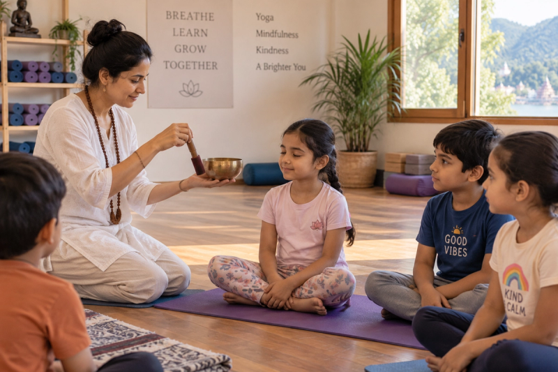 Safe sound healing for children with singing bowl in Rishikesh
