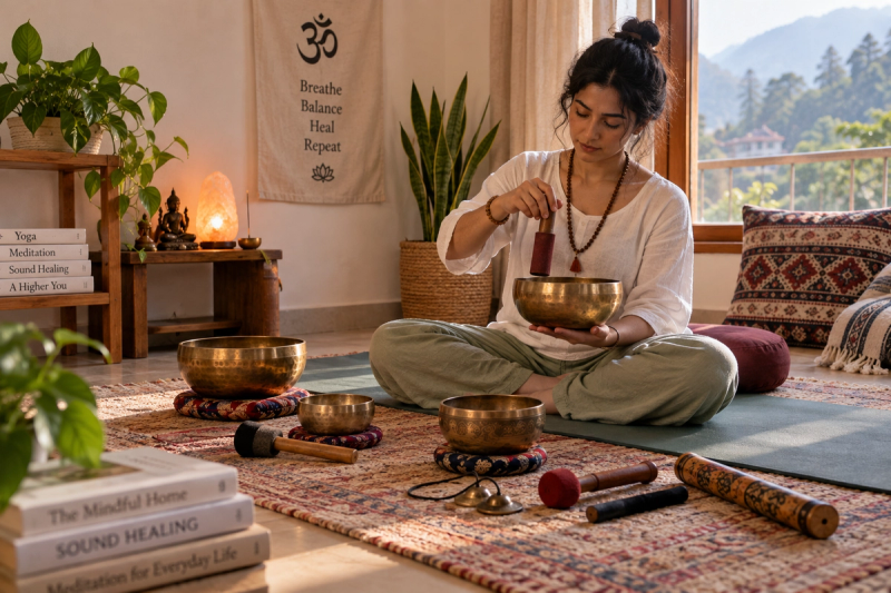 Home sound healing room setup with singing bowl in Rishikesh-inspired space