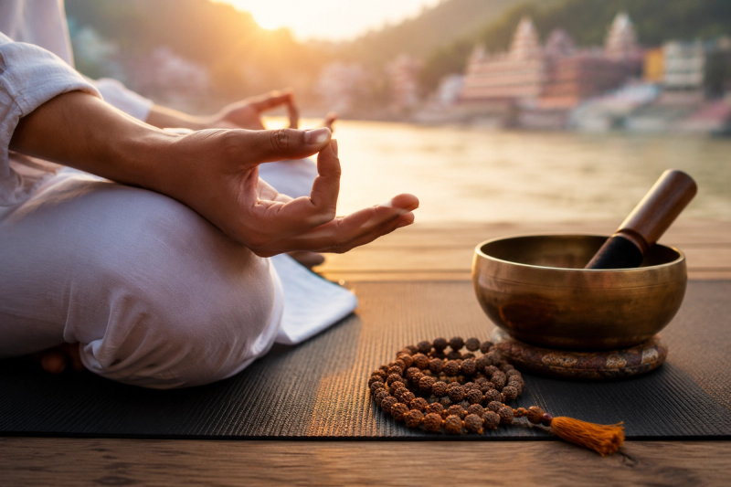Singing bowl and meditation tools used for 7 chakras blocked symptoms healing and energy balancing
