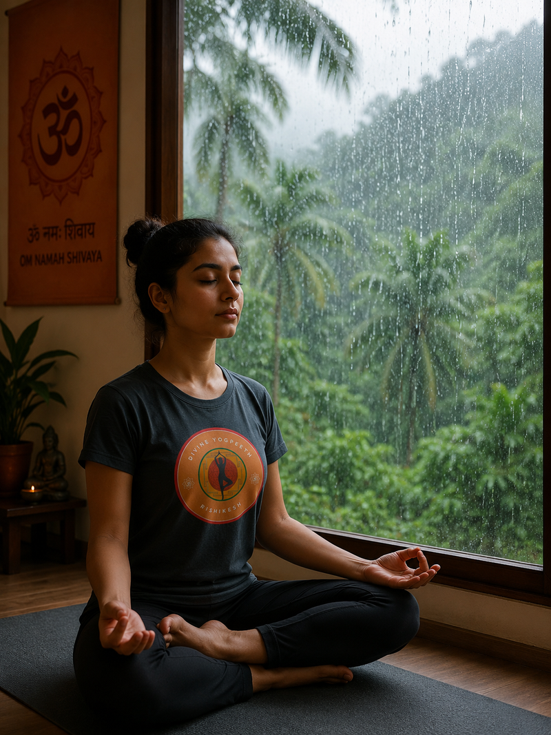 Indoor deep meditation practice during the yoga rishikesh monsoon season