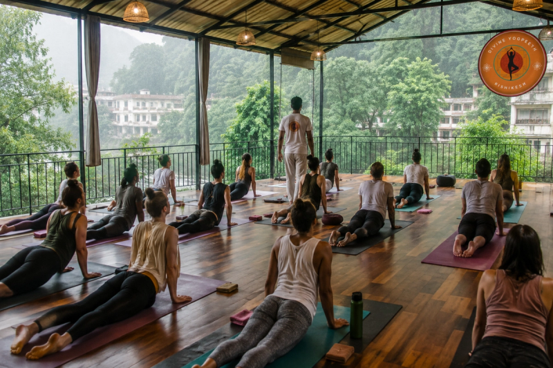 Yoga practice during monsoon yoga retreat in Rishikesh, India