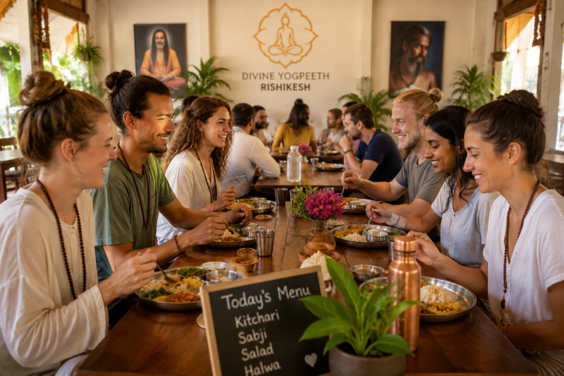 Happy students eating healthy vegetarian food at a yoga school