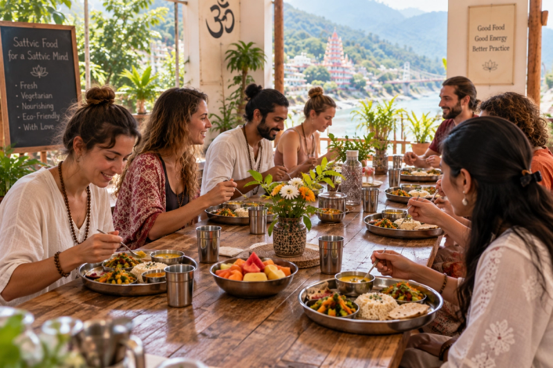 Yoga teacher training students sharing a yogic diet meal in Rishikesh