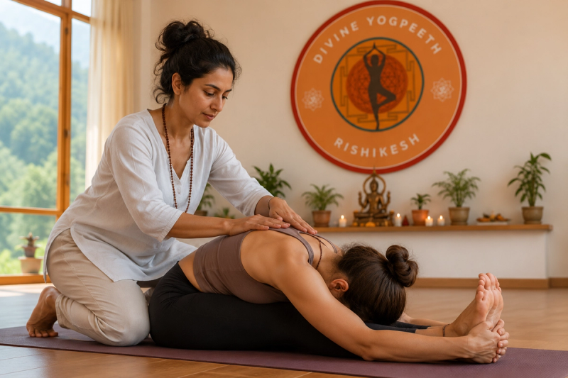 Teacher demonstrating safe alignment during a 100 hour yoga certification value class