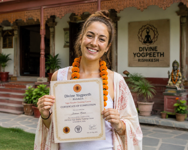 Successful graduate completing their Yoga Alliance RYT 200 certification details in Rishikesh.