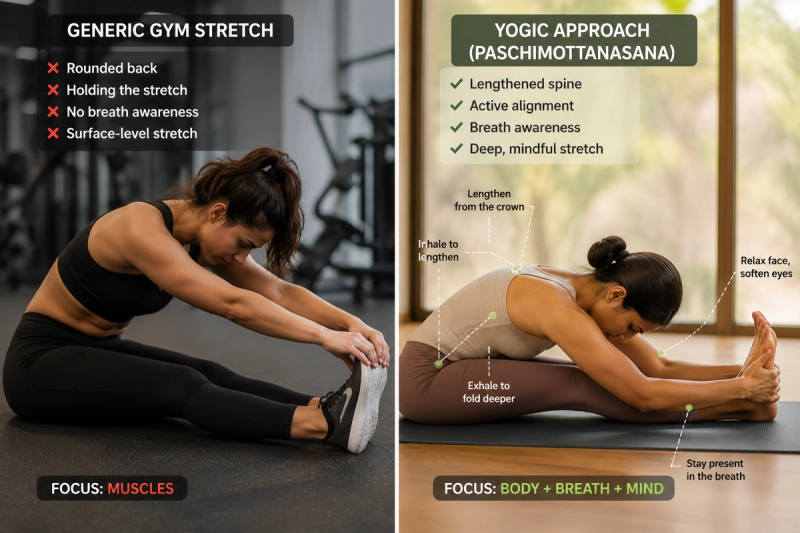 Visual comparison of yoga vs stretching difference benefits focusing on body alignment.