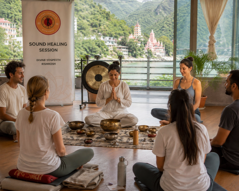 Sound healing session in Tapovan Rishikesh after relaxation practice