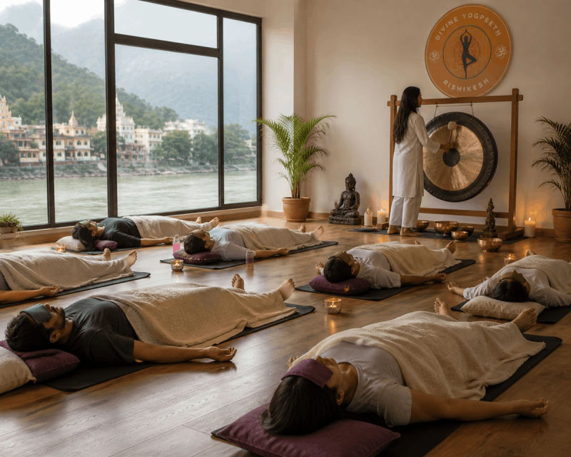 Students experiencing sound bath effects and deep rest at a yoga school.