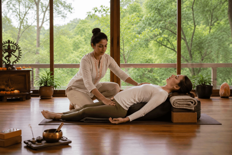 Practitioner guiding a student through subtle body balancing and yoga therapy.