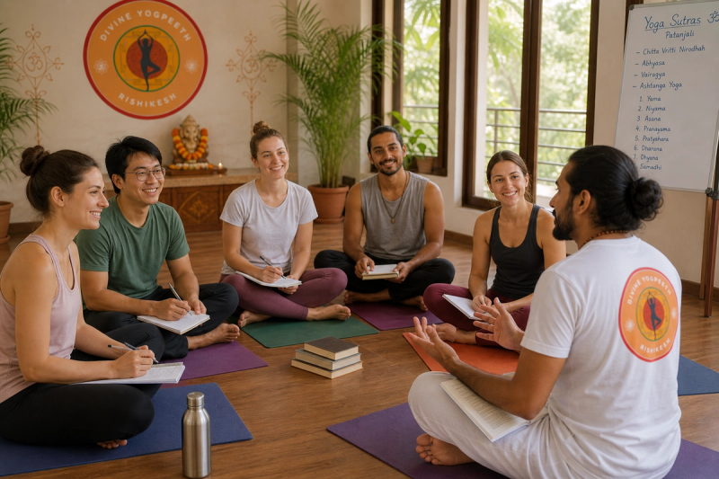 students studying philosophy during their 100 hour yoga teacher training in rishikesh