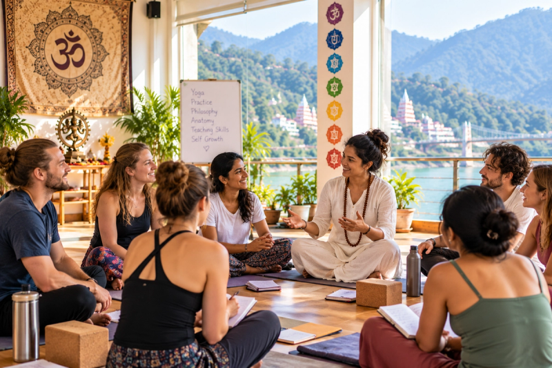 200 hour YTT batch size students in a Rishikesh yoga teacher training class