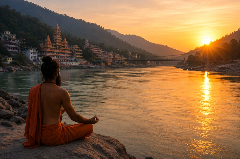 Yogi meditating in Rishikesh reflecting on their global yoga teaching journey