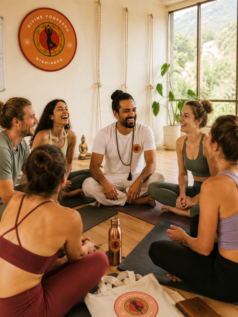 Students bonding and sharing intimate yoga instructor courses experiences.