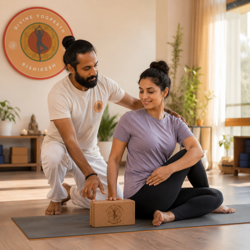 Experienced yoga teacher assisting a guest in a weekend yoga retreat beginner class in Rishikesh.