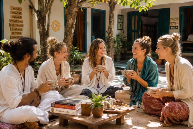 Students connecting authentically without devices at a digital detox yoga retreat Rishikesh