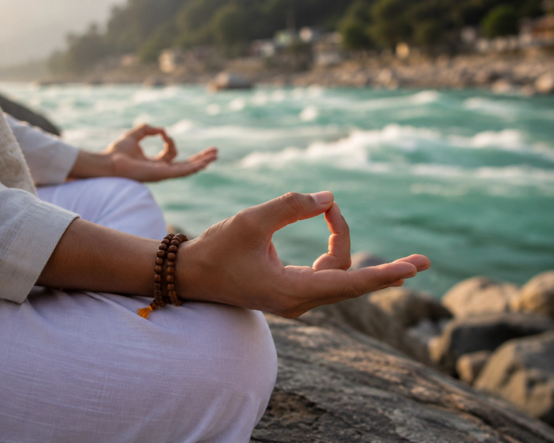 Practicing pranayama breathwork near the sacred Ganga River in Rishikesh