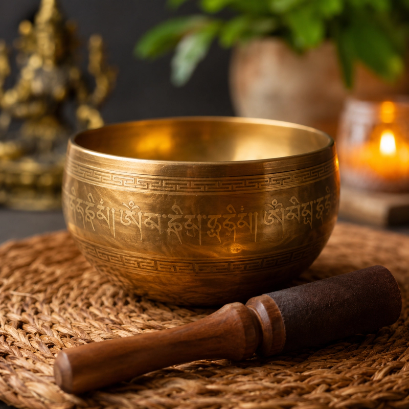 Tibetan bowls used for mantra chanting sound healing science practices.