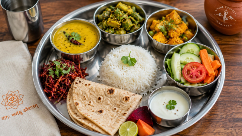 Traditional healthy Sattvic diet served during yoga training at Divine Yogpeeth in Rishikesh.