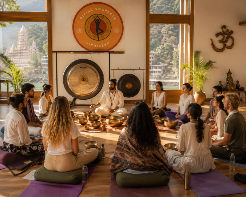 Students experiencing nada yoga sound spiritual practice during a retreat in Tapovan