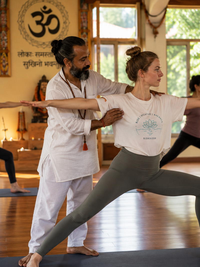 Instructor correcting student alignment during a certified yoga teacher India class.