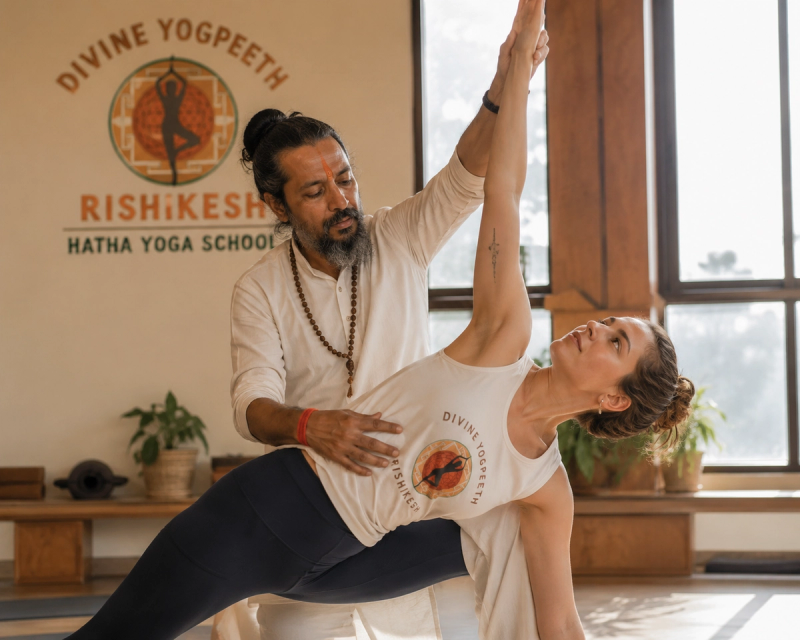 Traditional adjustments during Tapovan Rishikesh yoga teacher training