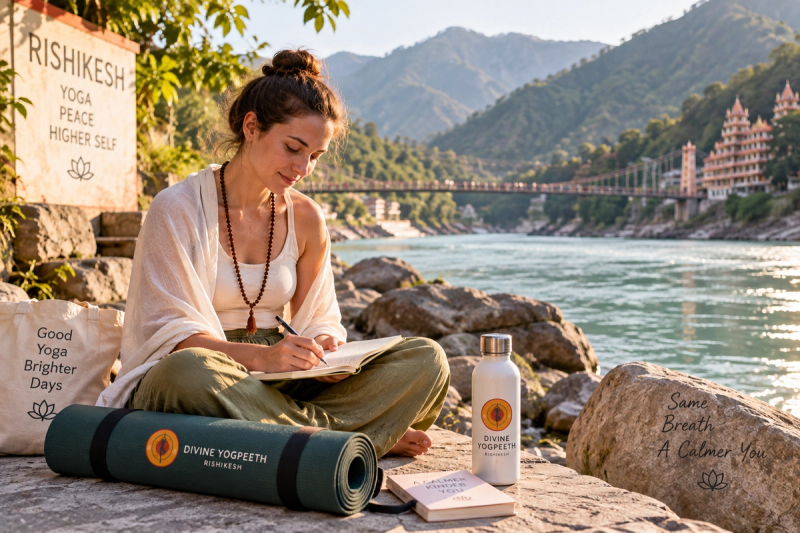 Yin yoga teacher training 200 hour course student beside the Ganga in Rishikesh