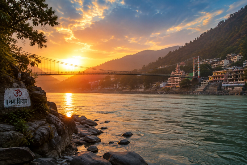 Beautiful sunrise over the Ganges river in Rishikesh India.