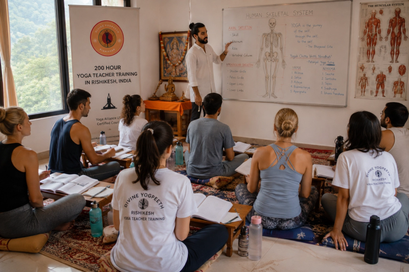 Student life 200 hour YTT week schedule anatomy class in Rishikesh