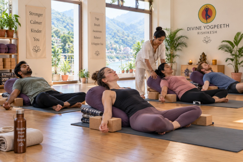 Corporate burnout yoga retreat practice in Rishikesh yoga studio