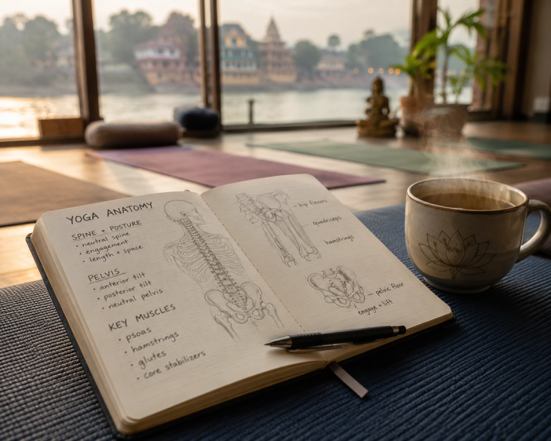 Studying anatomy and taking notes to prepare for your yoga teacher training beginners FAQ.