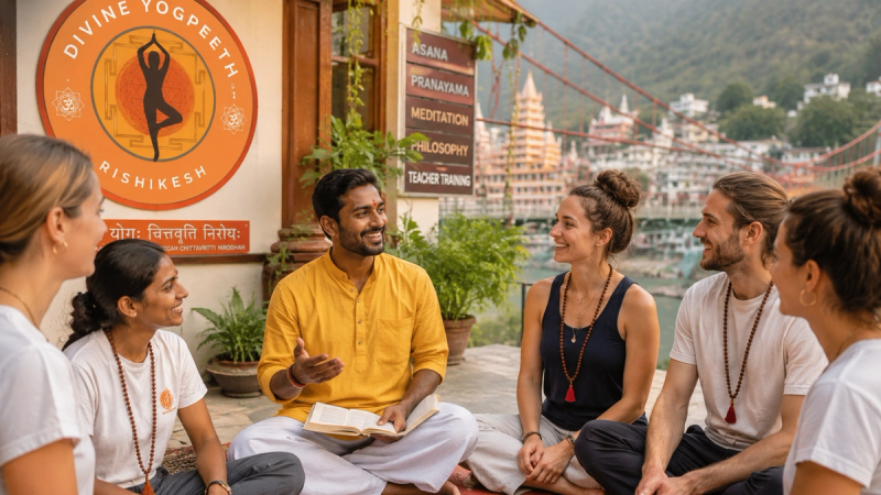 Students learning the eight limbs of yoga philosophy at divine yogpeeth rishikesh.