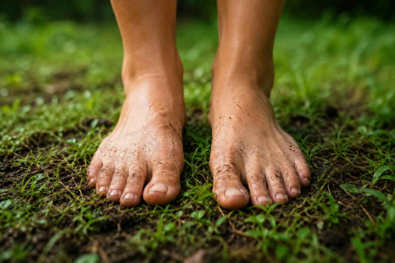 Bare feet on grass demonstrating physical grounding for muladhara chakra balancing.