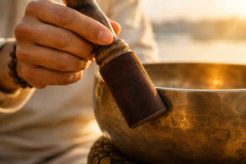 A professional practitioner striking a bowl during singing bowl sound healing practice.