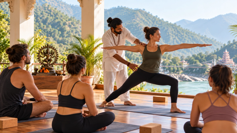 Yoga alignment training for experienced practitioners during a 100-hour YTT in Rishikesh.