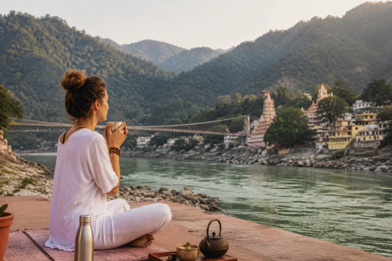 Student enjoying sattvic herbal tea at a yoga retreat in Rishikesh India