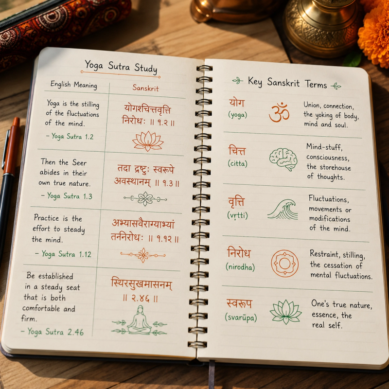 Detailed English notes taken during a 100 hour YTT language of instruction India.