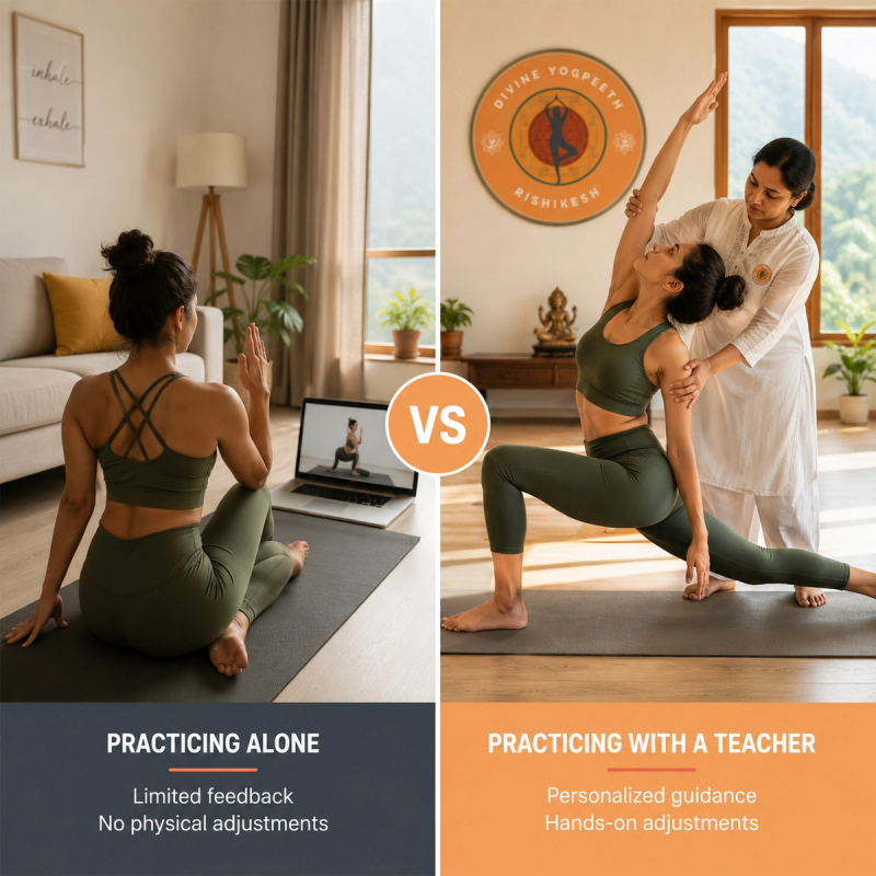 Visual comparison of the digital and physical experience in an online vs in person 200 hour YTT.