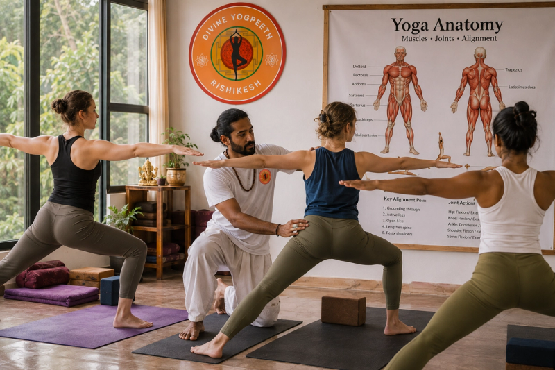 Yoga anatomy muscles joints alignment demonstration in Rishikesh