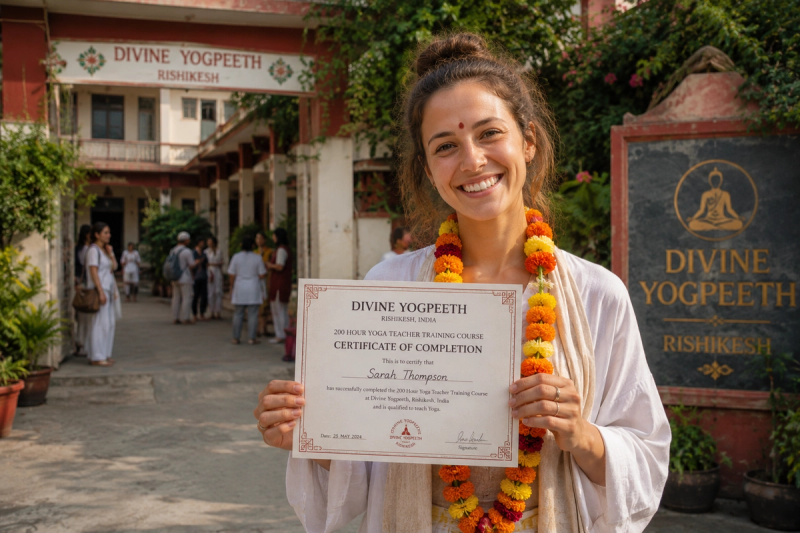 Happy graduate receiving their Yoga Alliance RYT 200 certification diploma in India.