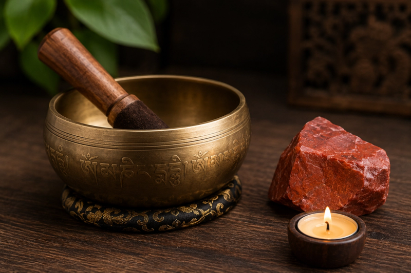 Tibetan singing bowl and red jasper used for grounding root chakra energy.