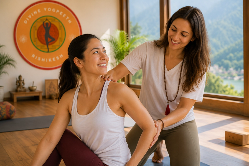 A newly certified yoga instructor building confidence through hands-on adjustments in a Rishikesh shala.