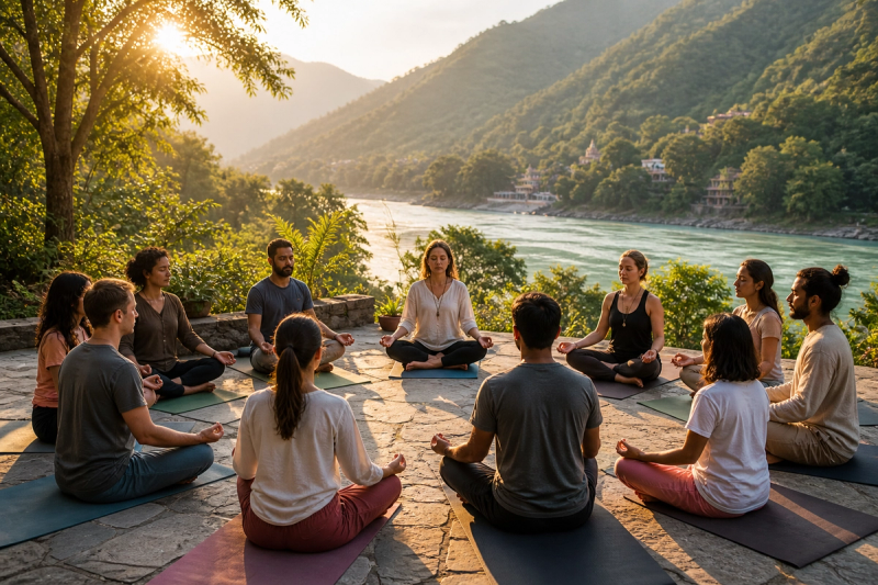 Students meditating during a short wellness holiday in Tapovan