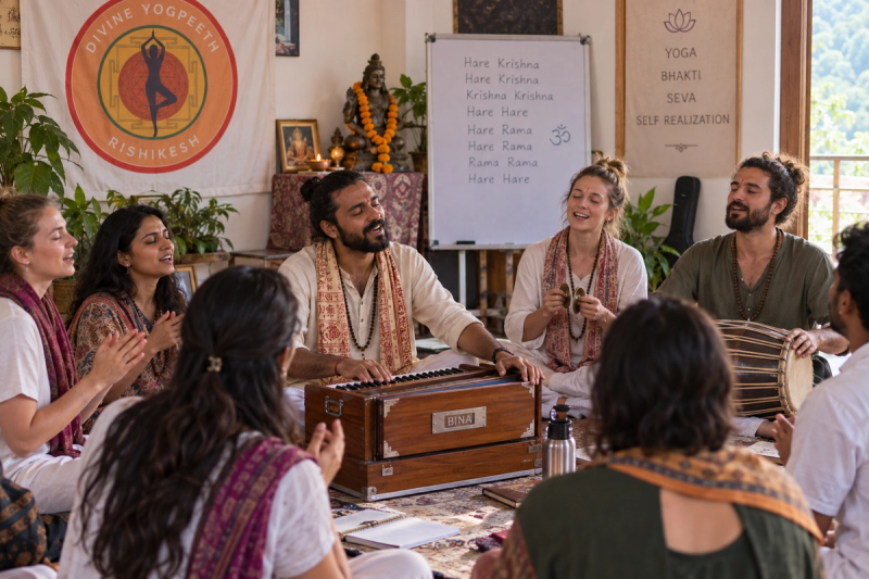 Kirtan bhajan devotional music healing session in a Rishikesh yoga setting