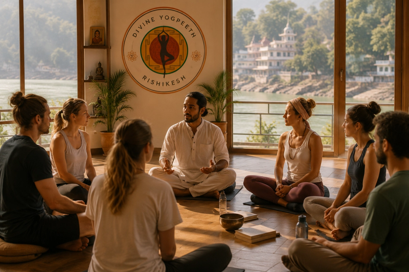 Students learning hatha vs ashtanga yoga at a retreat in Rishikesh