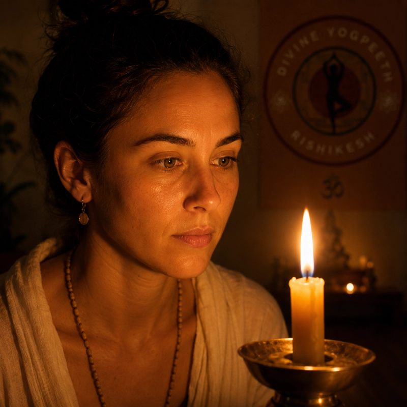 Yoga student practicing trataka and core meditation techniques 200 hour YTT.
