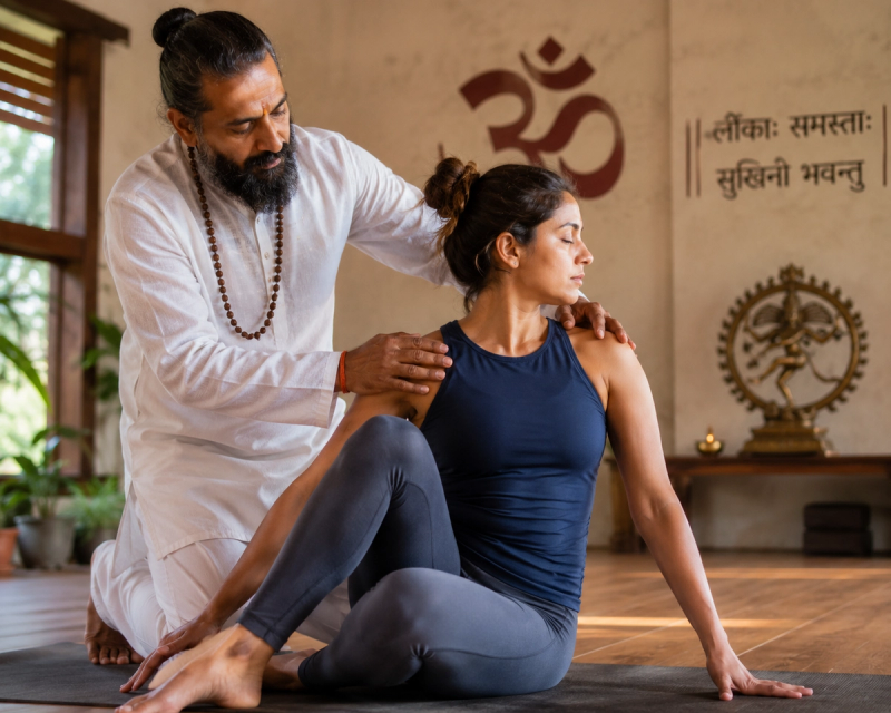 Yoga instructor adjusting student during 100 hour vs 200 hour yoga teacher training