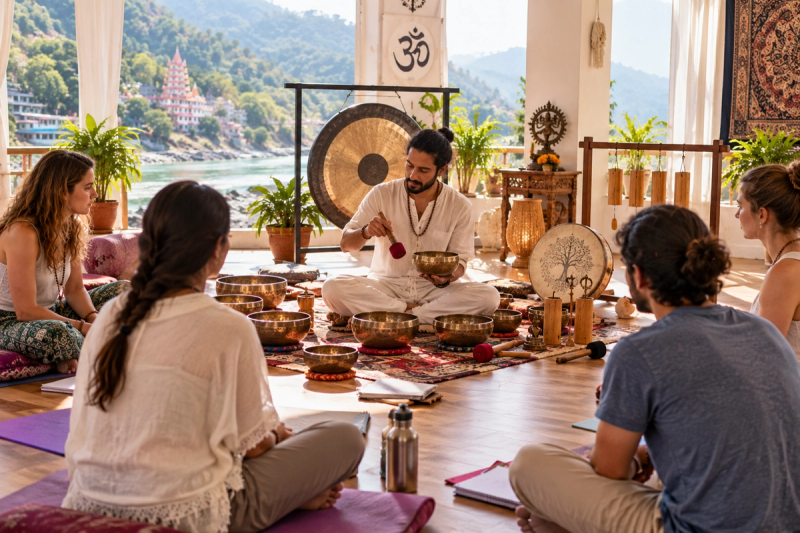 Frequency healing sound therapy training at a Rishikesh yoga school