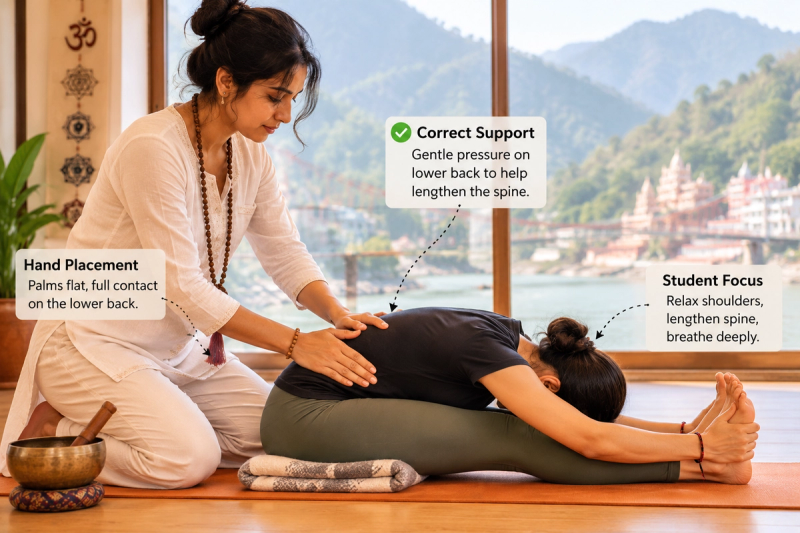 Safe hands on yoga assists during alignment corrections